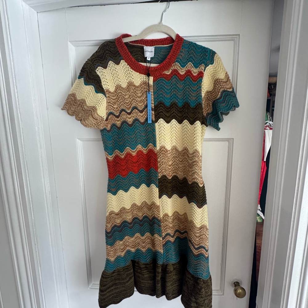 HUNTER BELL Teal, Red & Cream Wavy Knit Mini Dress